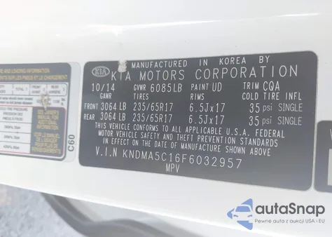 2015 Kia Sedona L z USA, uszkodzony, nr VIN KNDMA5C16F6032957